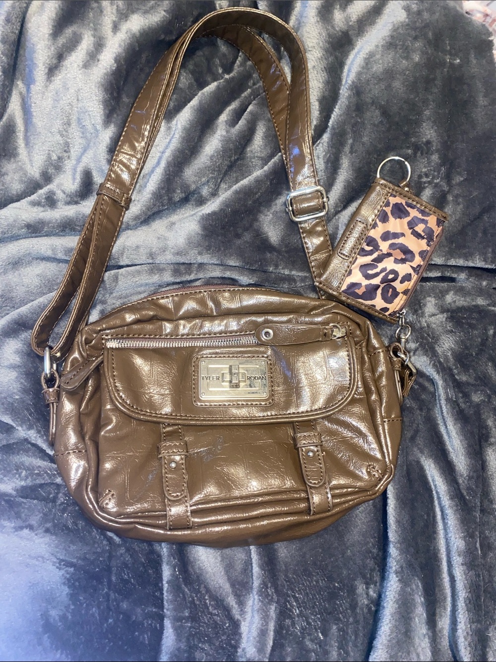 Tyler Rodan Brown Glossy Shoulder Crossbody with Leopard Cardholder